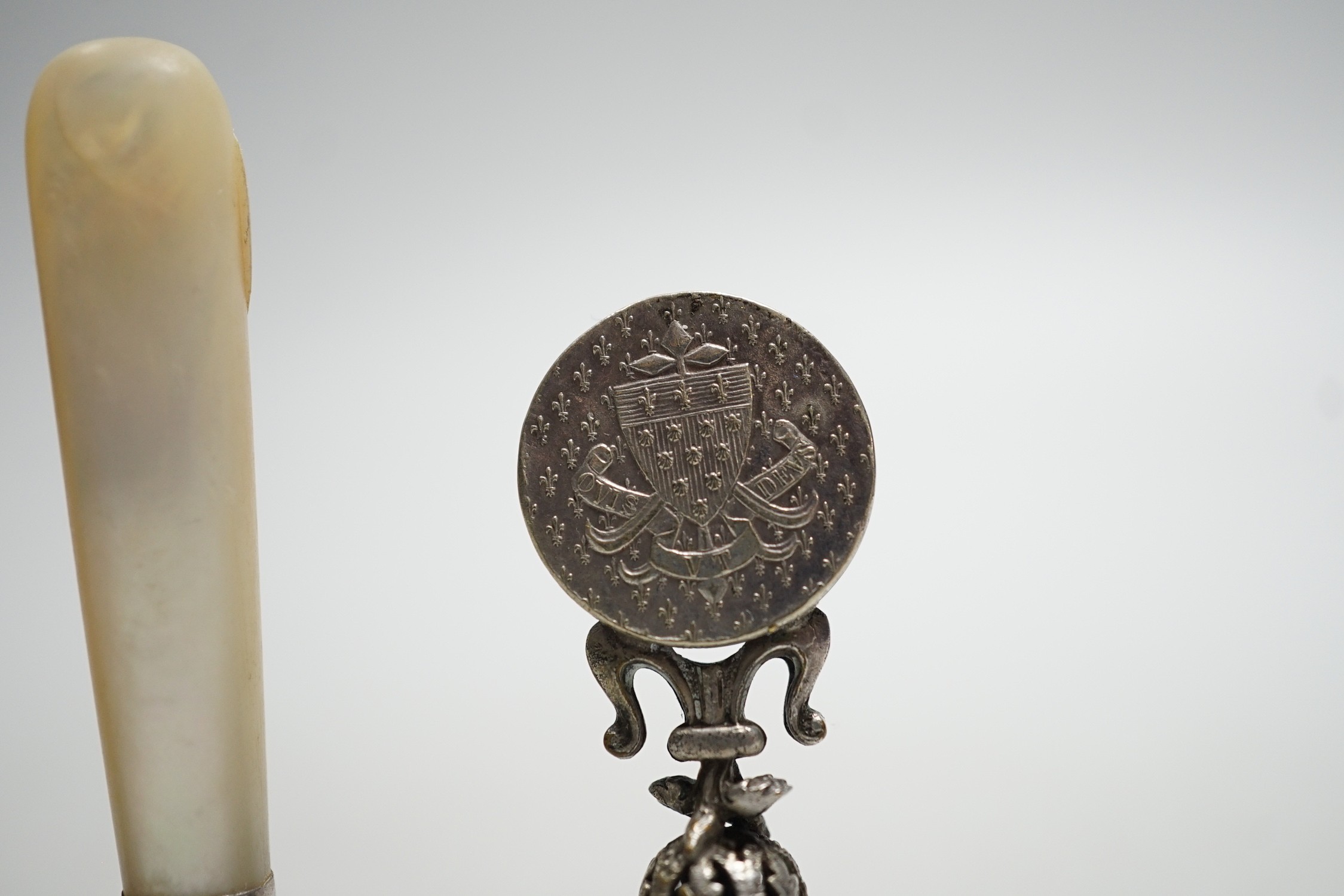 A George V silver seal, by Asprey & Co, London, 1914, 47mm and three other seals including mother of pearl handled.